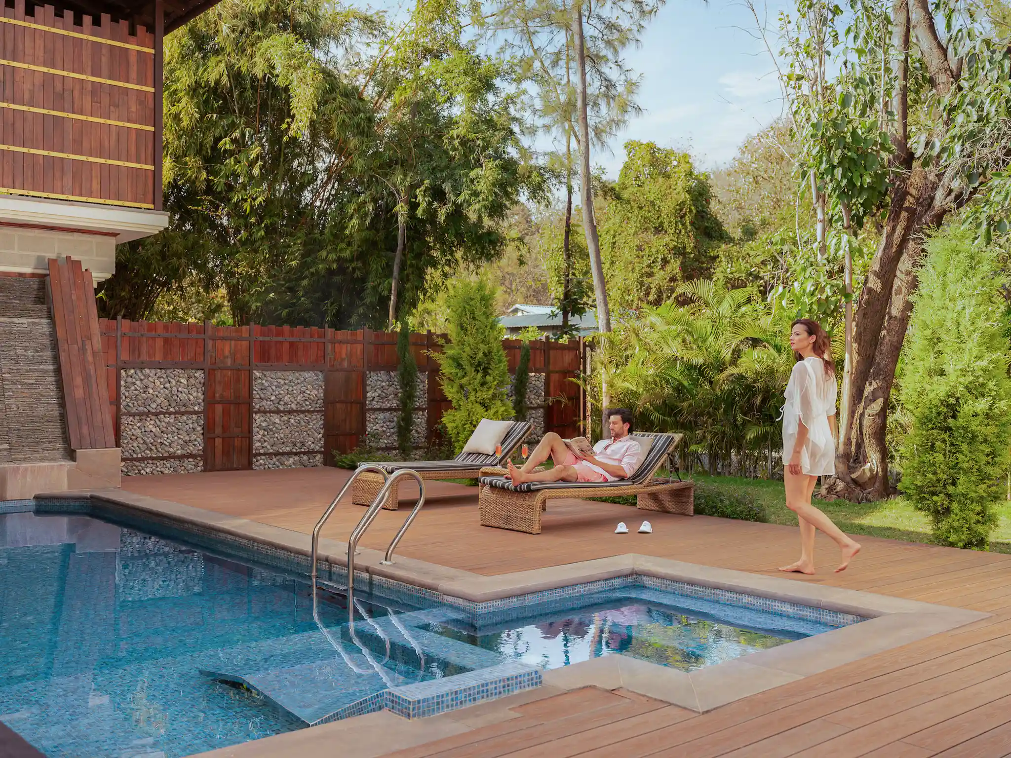 Guests relaxing by the private pool at Aahana’s Villa.