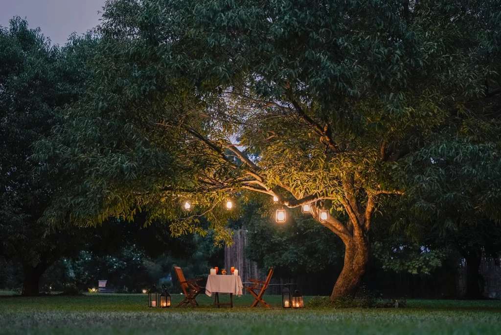 outdoor dinner setup amidst nature at Aahana Resort