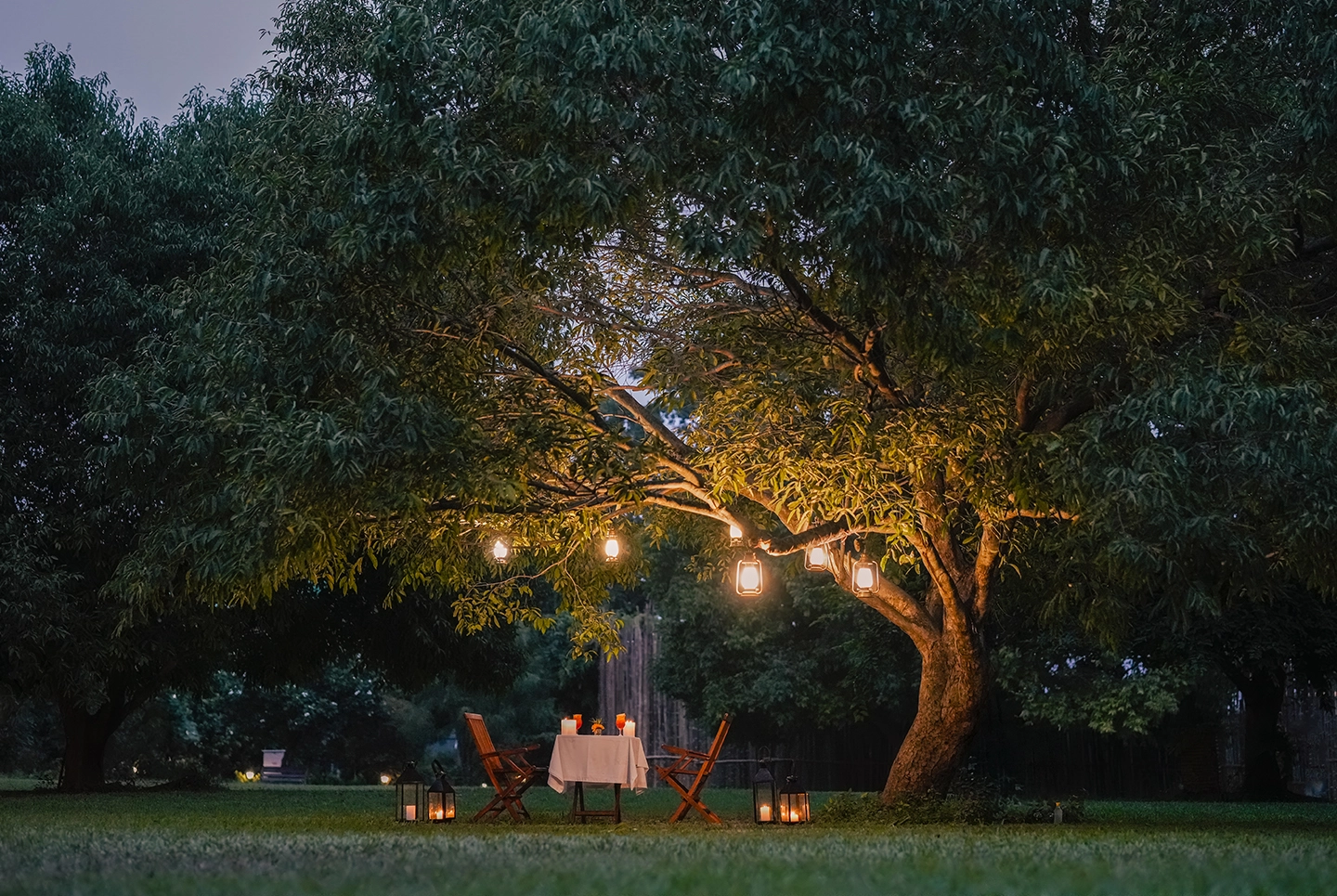 outdoor dinner setup amidst nature at Aahana Resort